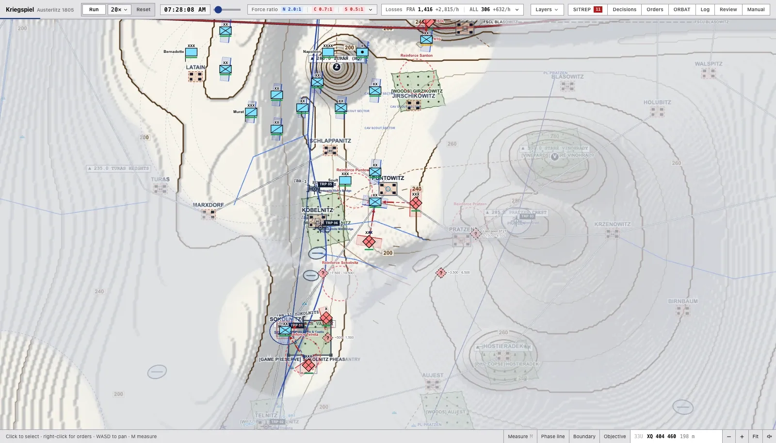 Fog of war shrouding the Pratzen, with uncertain enemy contacts and a last-seen ghost